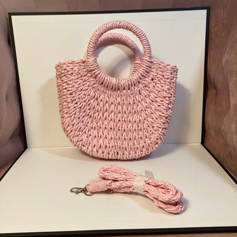 Pink Woven Round-Handle Straw Bag